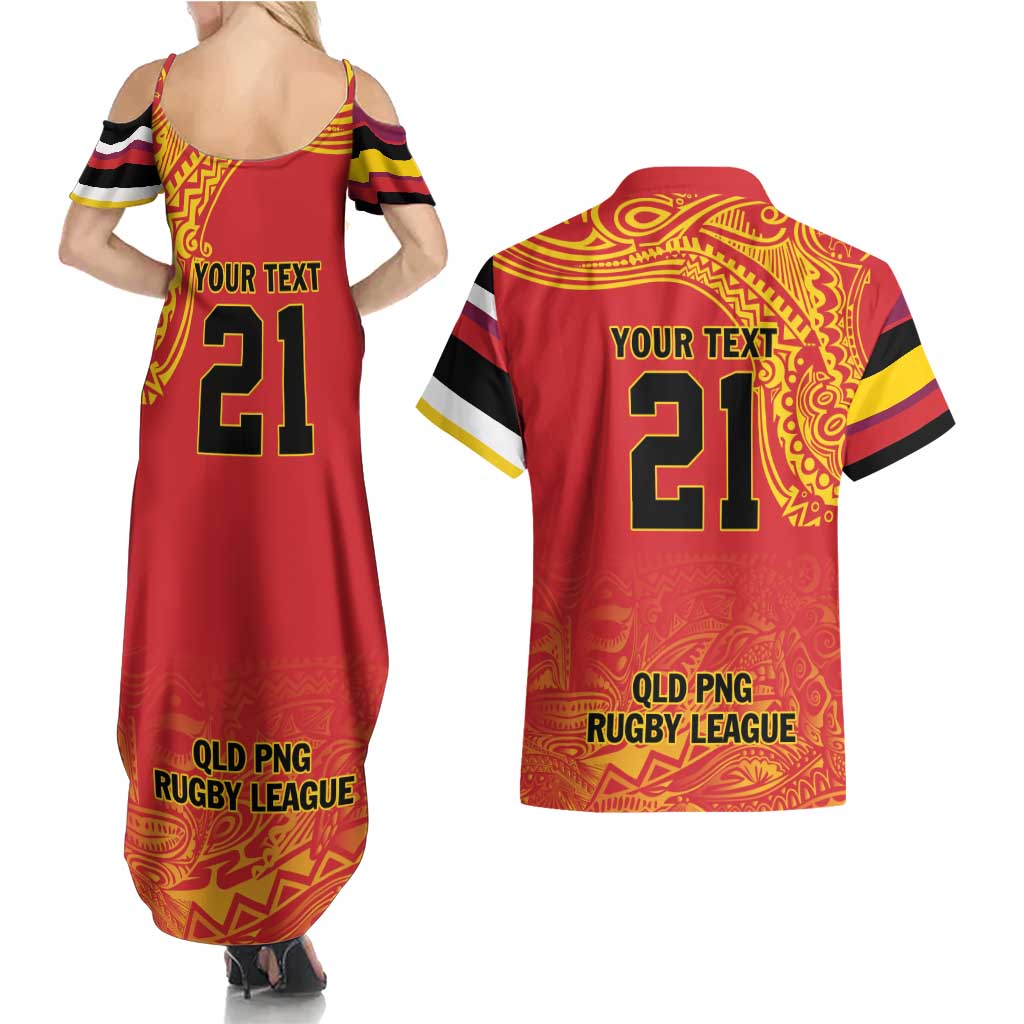 Queensland Papua New Guinea Custom Couples Matching Summer Maxi Dress and Hawaiian Shirt All Red Pacific PNG Tribal Style LT9 - Polynesian Pride
