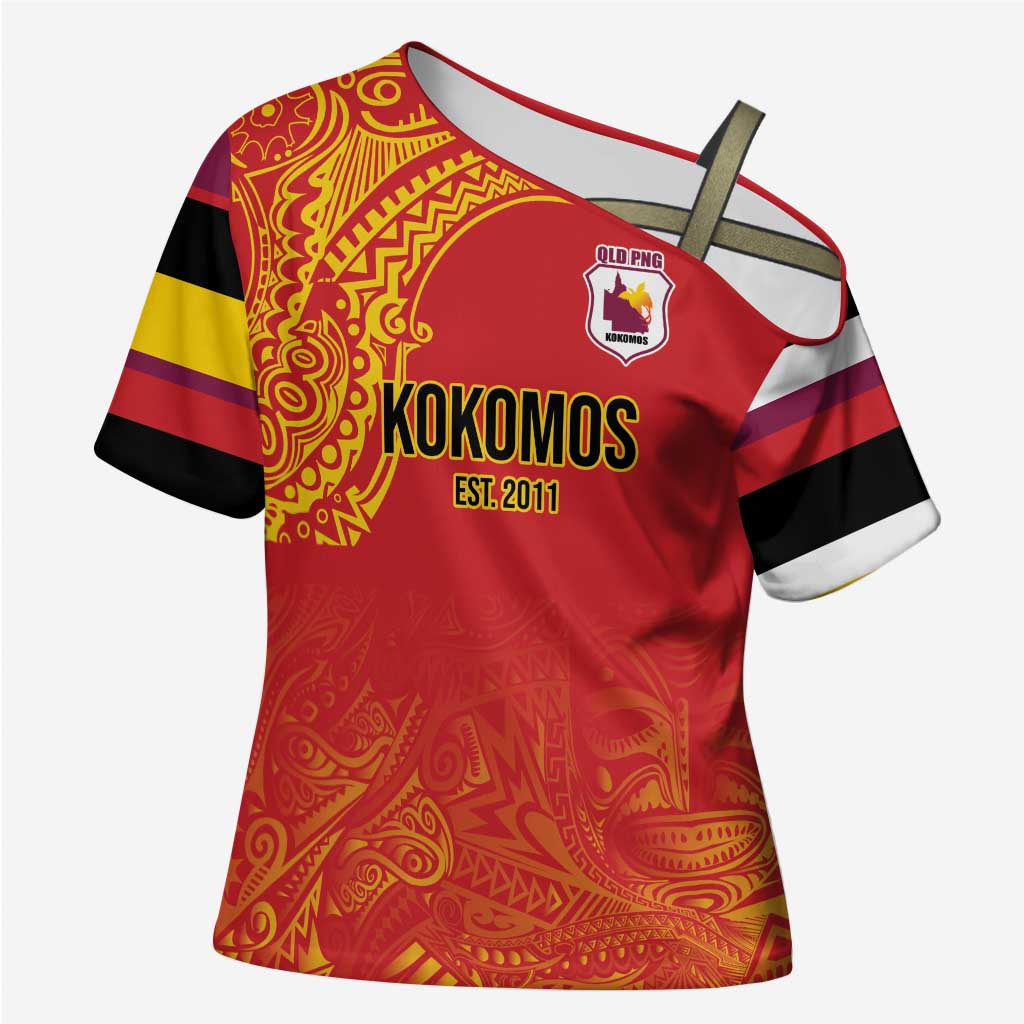 Queensland Papua New Guinea Custom Cross Shoulder Shirt All Red Pacific PNG Tribal Style - Polynesian Pride