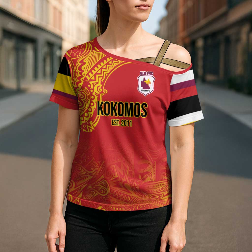 Queensland Papua New Guinea Custom Cross Shoulder Shirt All Red Pacific PNG Tribal Style - Polynesian Pride