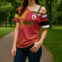 Queensland Papua New Guinea Custom Cross Shoulder Shirt All Red Pacific PNG Tribal Style - Polynesian Pride