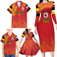 Queensland Papua New Guinea Custom Family Matching Long Sleeve Bodycon Dress and Hawaiian Shirt All Red Pacific PNG Tribal Style