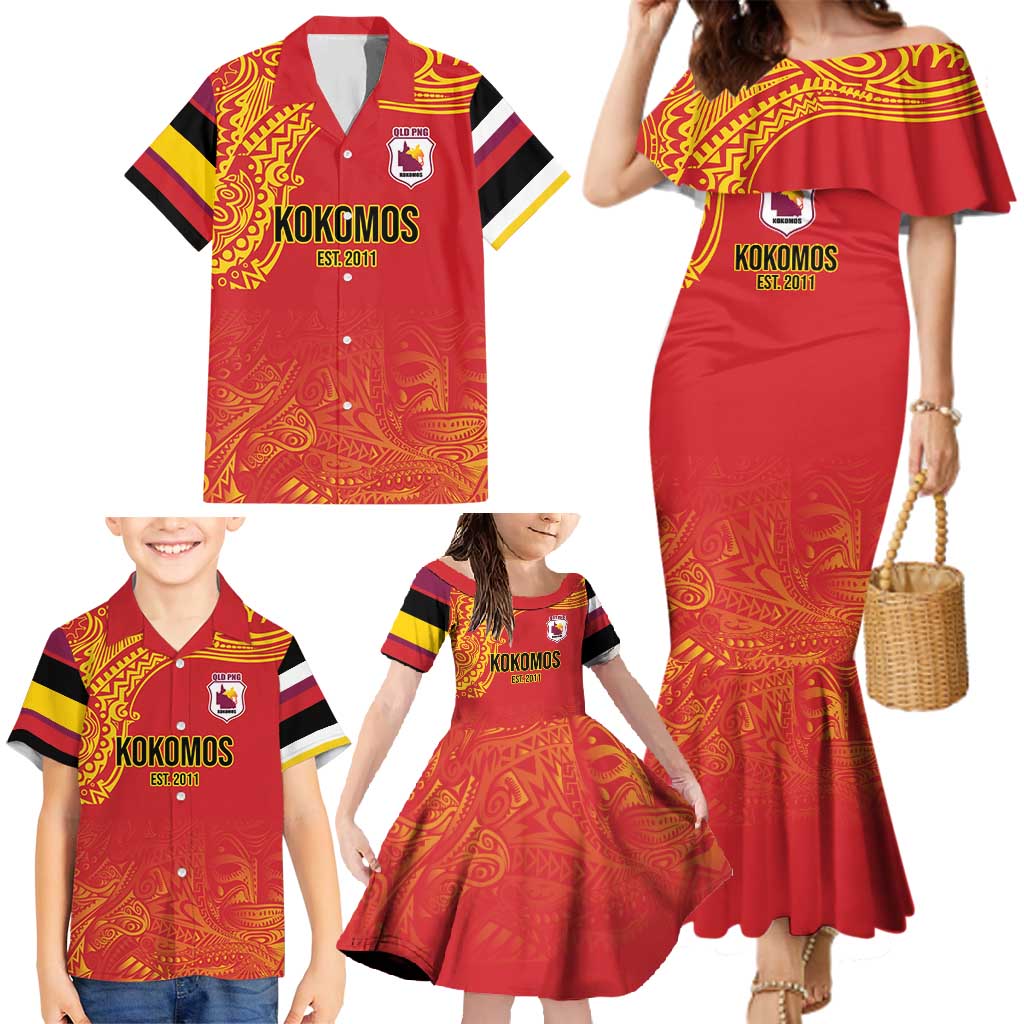 Queensland Papua New Guinea Custom Family Matching Mermaid Dress and Hawaiian Shirt All Red Pacific PNG Tribal Style