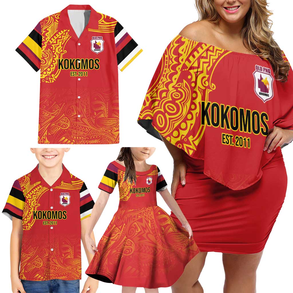 Queensland Papua New Guinea Custom Family Matching Off Shoulder Short Dress and Hawaiian Shirt All Red Pacific PNG Tribal Style