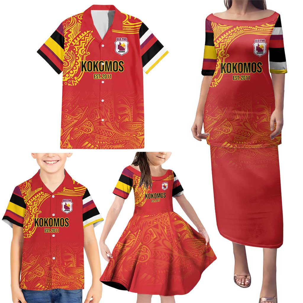 Queensland Papua New Guinea Custom Family Matching Puletasi and Hawaiian Shirt All Red Pacific PNG Tribal Style
