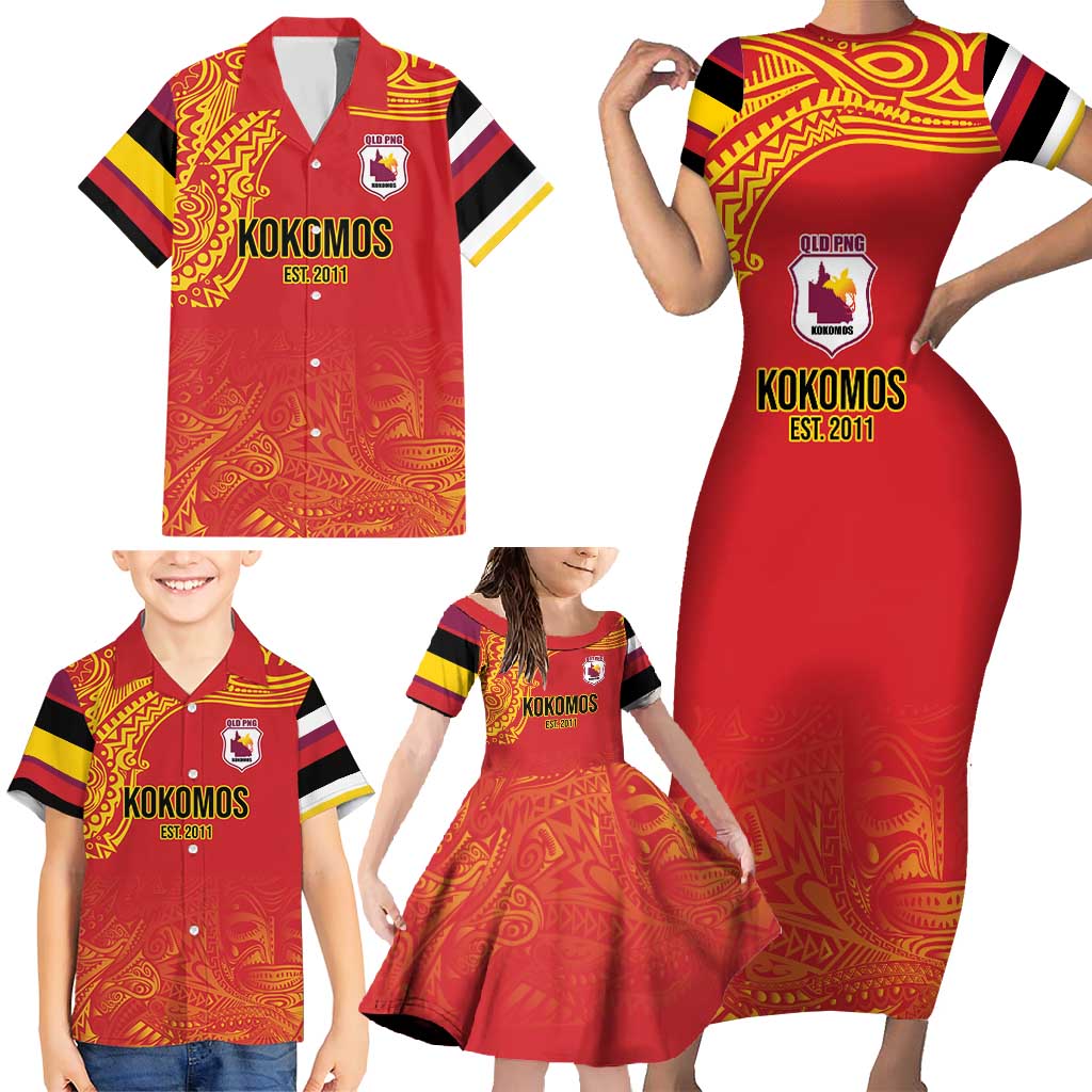 Queensland Papua New Guinea Custom Family Matching Short Sleeve Bodycon Dress and Hawaiian Shirt All Red Pacific PNG Tribal Style