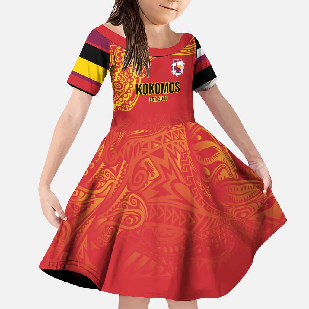 Queensland Papua New Guinea Custom Family Matching Summer Maxi Dress and Hawaiian Shirt All Red Pacific PNG Tribal Style LT9 Daughter's Dress Red - Polynesian Pride