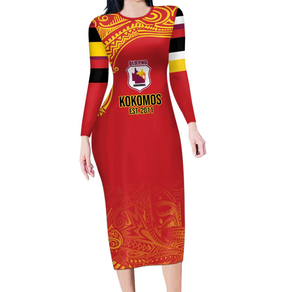 Queensland Papua New Guinea Custom Long Sleeve Bodycon Dress All Red Pacific PNG Tribal Style