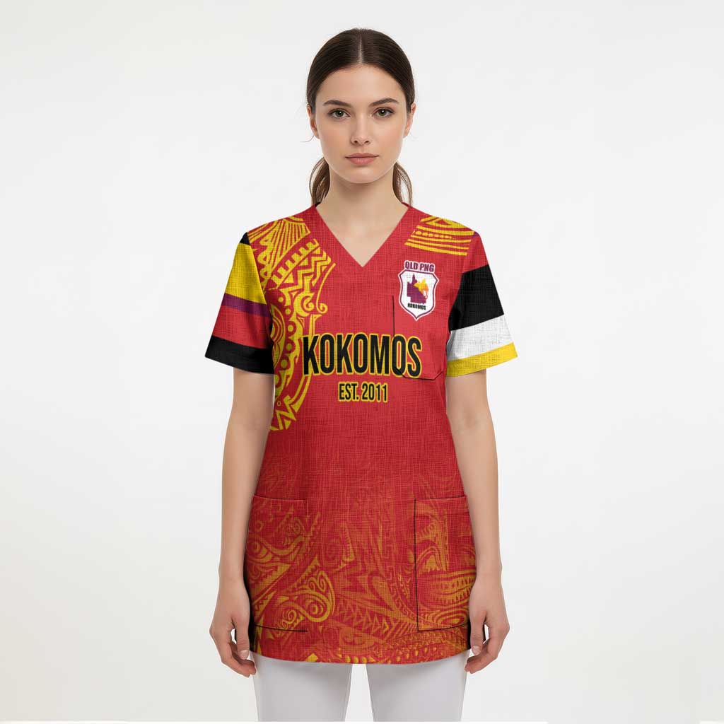 Queensland Papua New Guinea Custom Scrub Top All Red Pacific PNG Tribal Style - Polynesian Pride