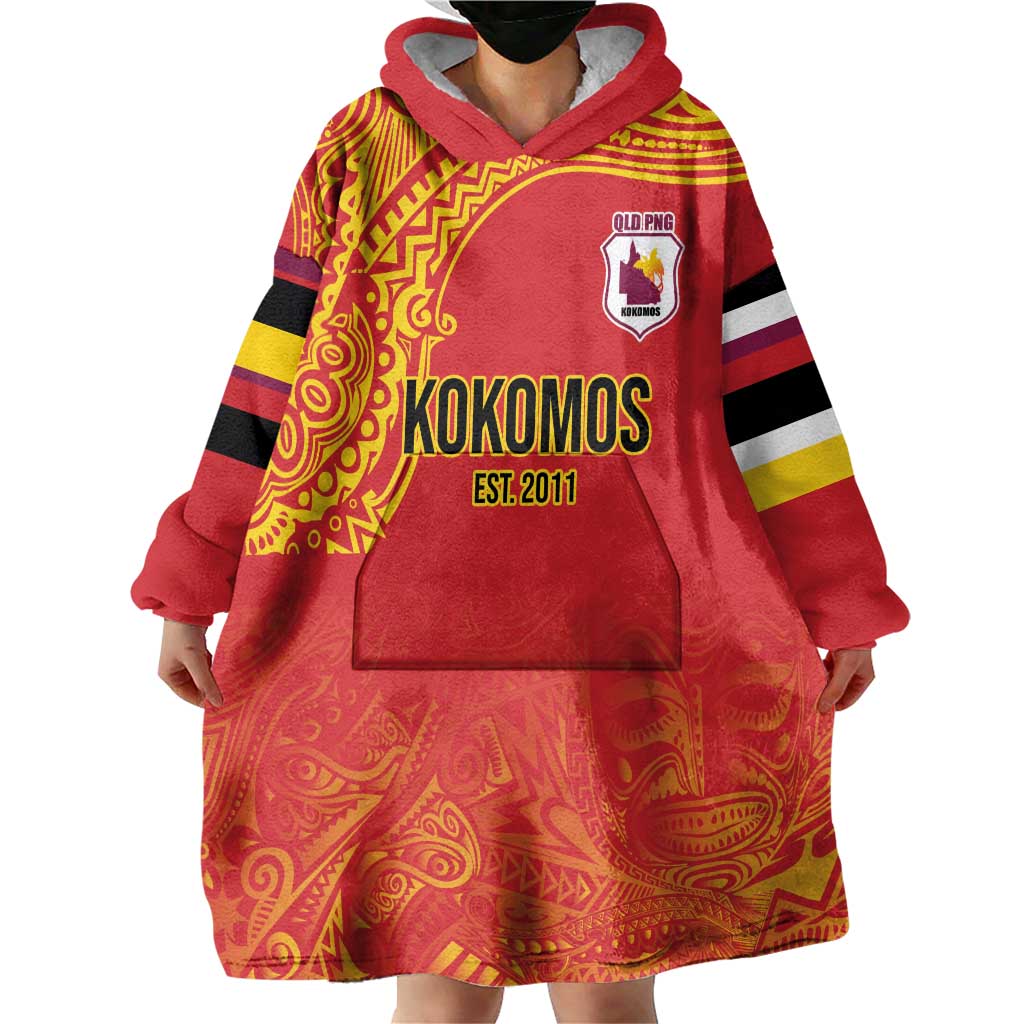 Queensland Papua New Guinea Custom Wearable Blanket Hoodie All Red Pacific PNG Tribal Style