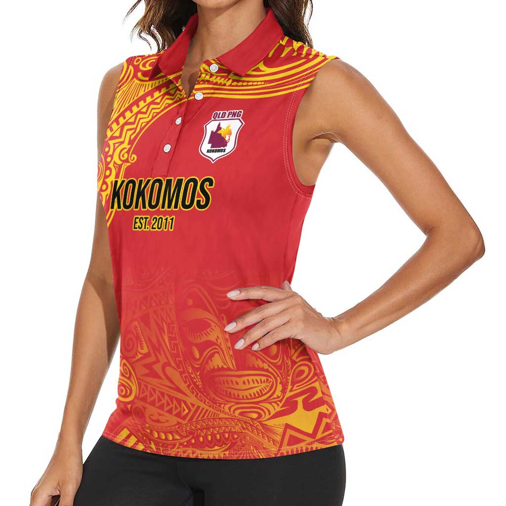 Queensland Papua New Guinea Custom Women Sleeveless Polo Shirt All Red Pacific PNG Tribal Style