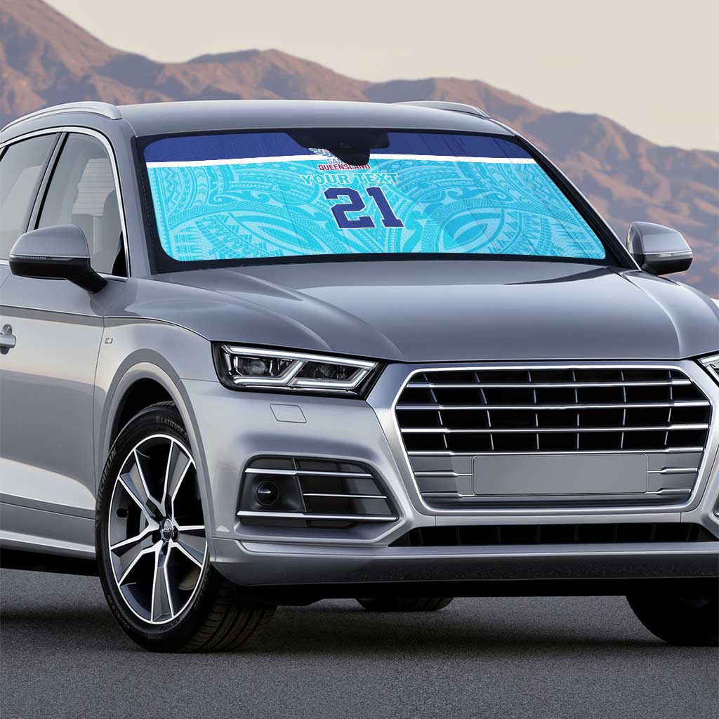 Queensland Samoa Custom Auto Sun Shade Blue Pacific Polynesian Tribal Pattern - Polynesian Pride