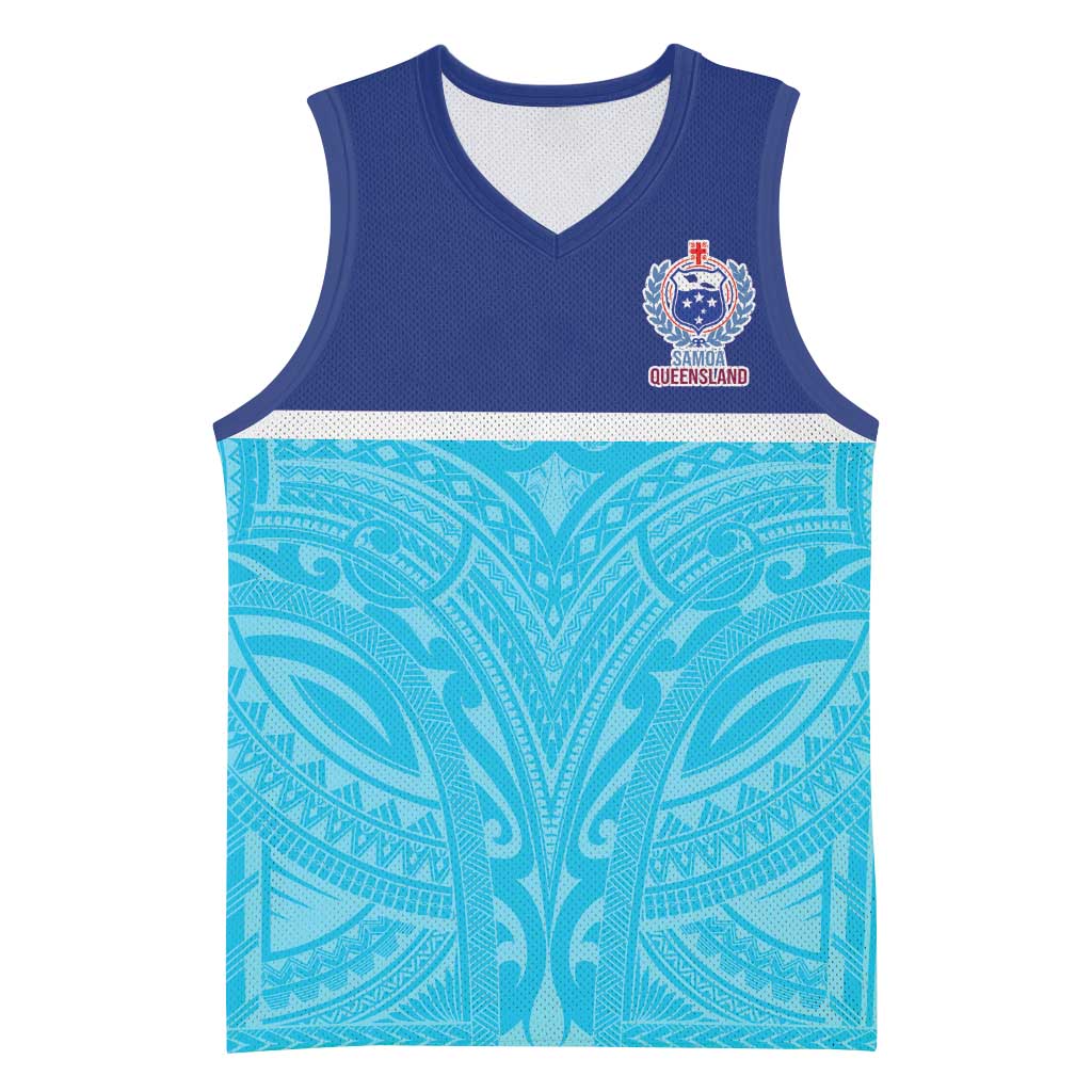 Queensland Samoa Custom Basketball Jersey Blue Pacific Polynesian Tribal Pattern - Polynesian Pride