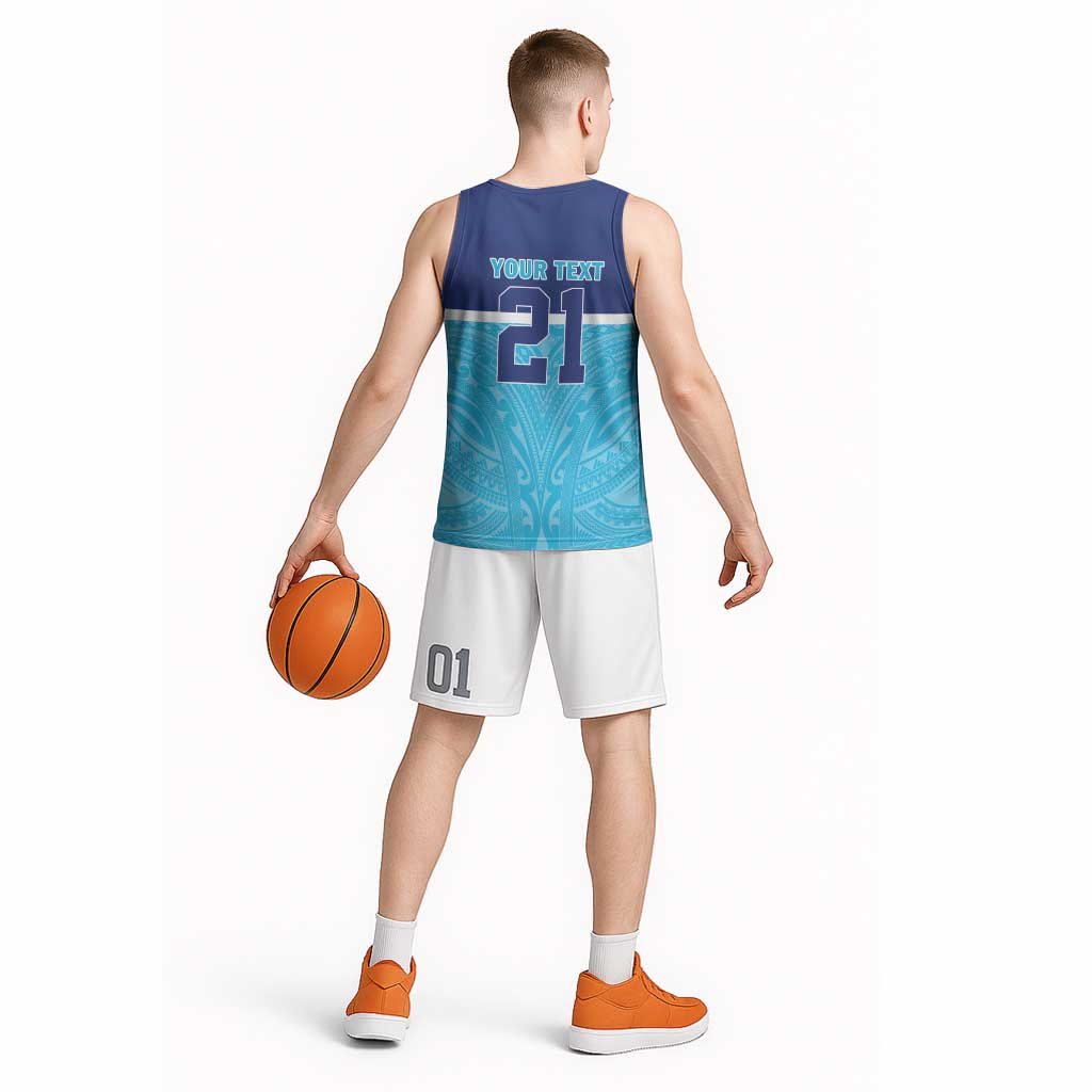 Queensland Samoa Custom Basketball Jersey Blue Pacific Polynesian Tribal Pattern - Polynesian Pride