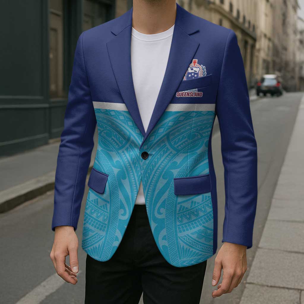 Queensland Samoa Custom Blazer Blue Pacific Polynesian Tribal Pattern LT9 - Polynesian Pride