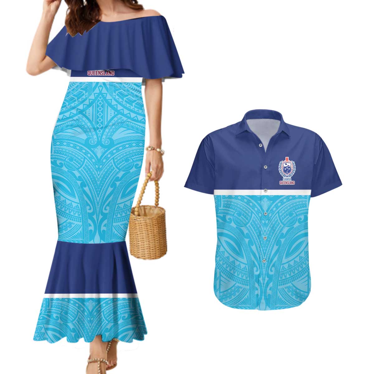 Queensland Samoa Custom Couples Matching Mermaid Dress and Hawaiian Shirt Blue Pacific Polynesian Tribal Pattern