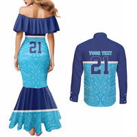Queensland Samoa Custom Couples Matching Mermaid Dress and Long Sleeve Button Shirt Blue Pacific Polynesian Tribal Pattern