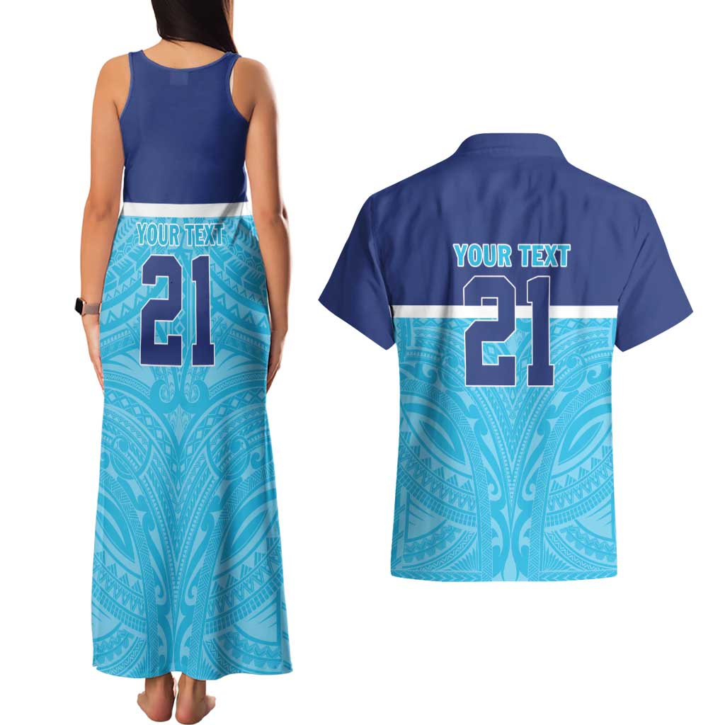 Queensland Samoa Custom Couples Matching Tank Maxi Dress and Hawaiian Shirt Blue Pacific Polynesian Tribal Pattern