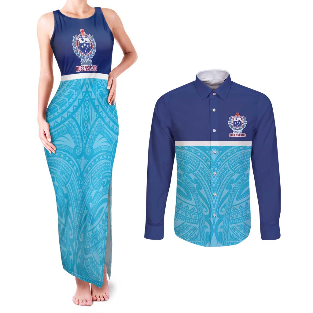 Queensland Samoa Custom Couples Matching Tank Maxi Dress and Long Sleeve Button Shirt Blue Pacific Polynesian Tribal Pattern