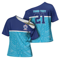 Queensland Samoa Custom Cross Shoulder Shirt Blue Pacific Polynesian Tribal Pattern - Polynesian Pride