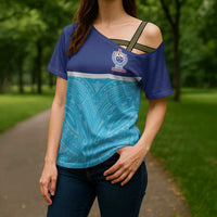 Queensland Samoa Custom Cross Shoulder Shirt Blue Pacific Polynesian Tribal Pattern - Polynesian Pride