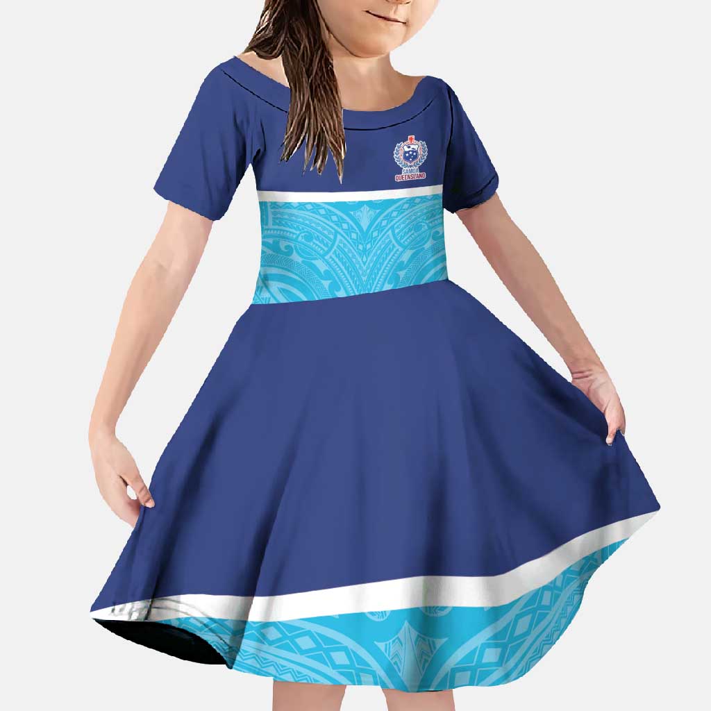 Queensland Samoa Custom Family Matching Off Shoulder Maxi Dress and Hawaiian Shirt Blue Pacific Polynesian Tribal Pattern