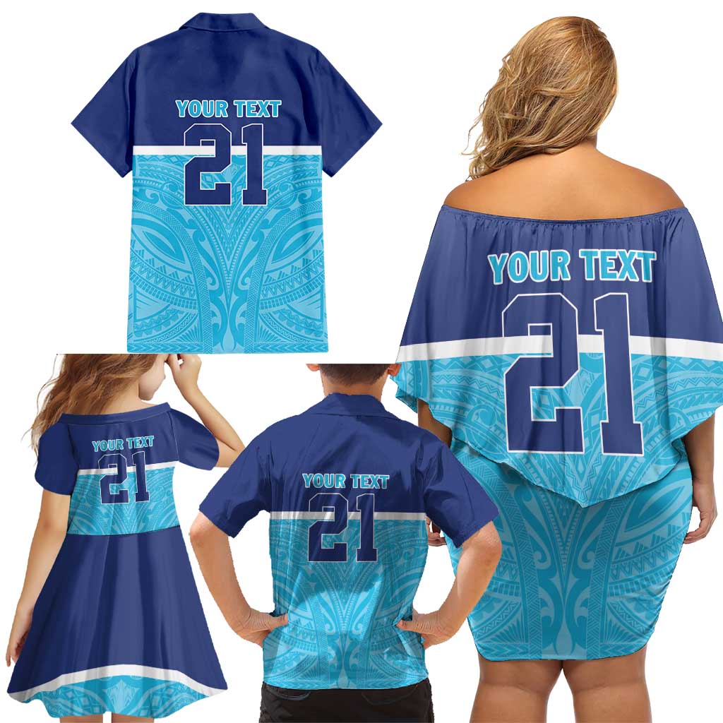 Queensland Samoa Custom Family Matching Off Shoulder Short Dress and Hawaiian Shirt Blue Pacific Polynesian Tribal Pattern