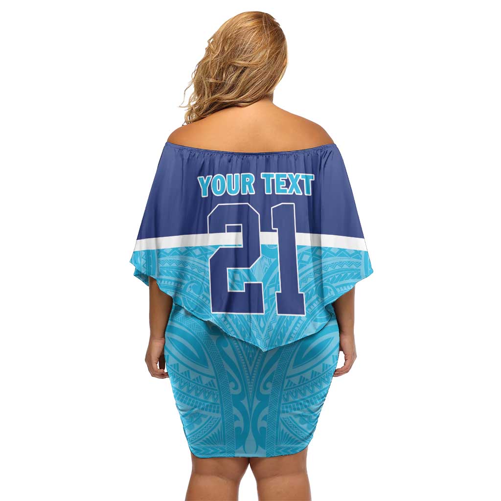 Queensland Samoa Custom Family Matching Off Shoulder Short Dress and Hawaiian Shirt Blue Pacific Polynesian Tribal Pattern