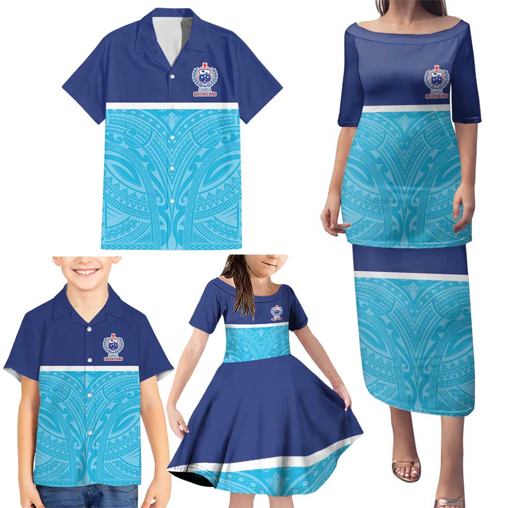 Queensland Samoa Custom Family Matching Puletasi and Hawaiian Shirt Blue Pacific Polynesian Tribal Pattern