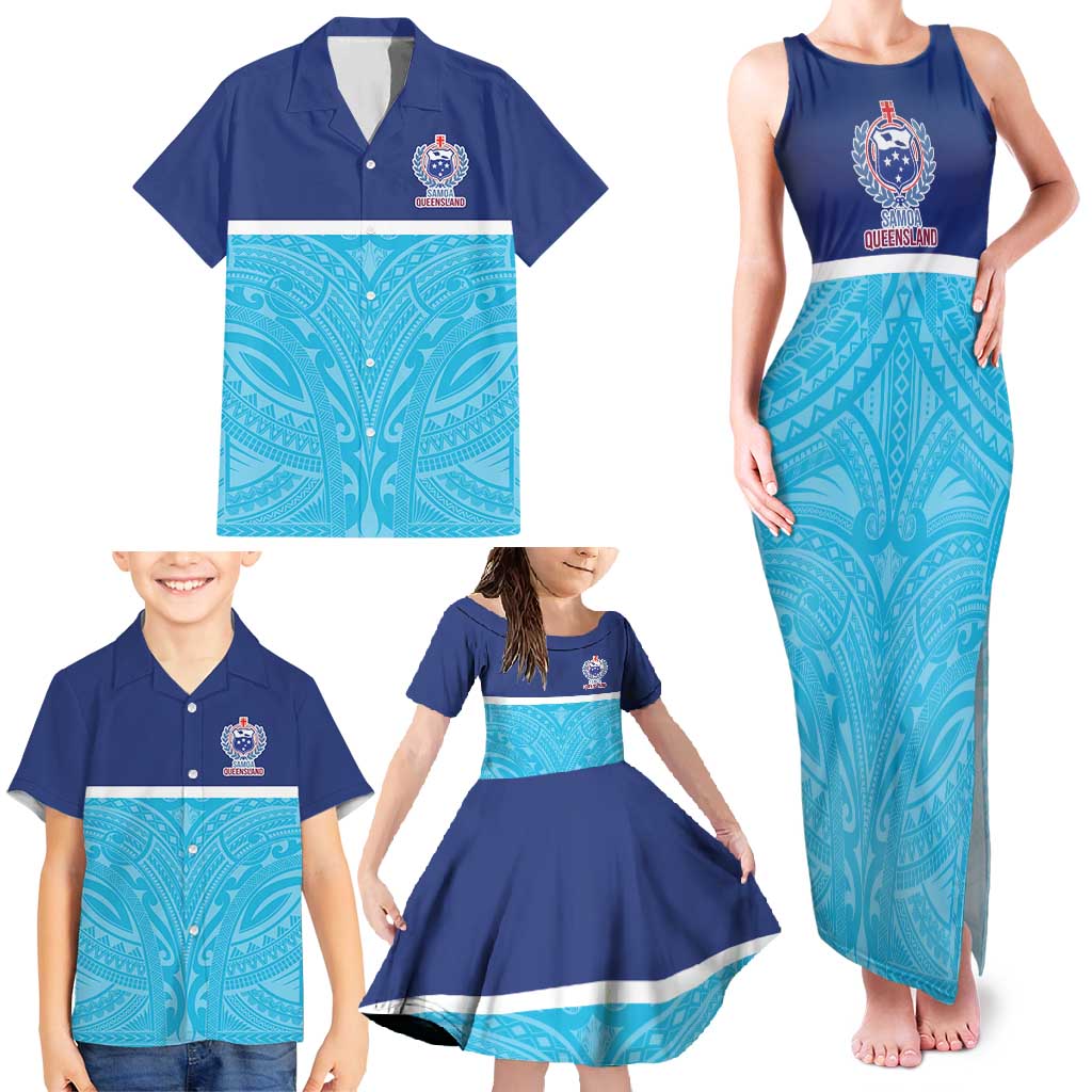 Queensland Samoa Custom Family Matching Tank Maxi Dress and Hawaiian Shirt Blue Pacific Polynesian Tribal Pattern