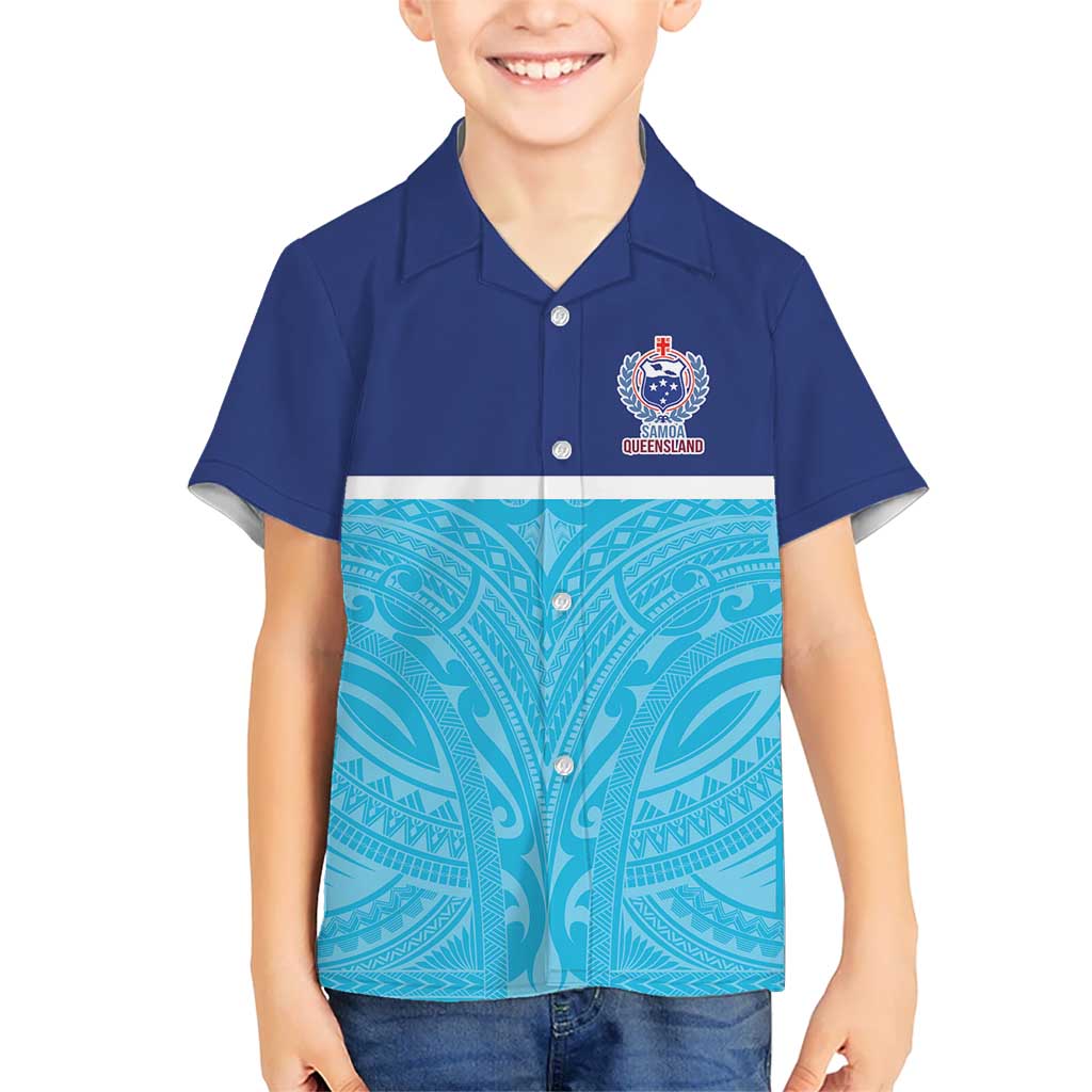 Queensland Samoa Custom Kid Hawaiian Shirt Blue Pacific Polynesian Tribal Pattern