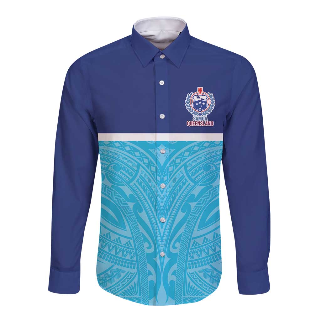 Queensland Samoa Custom Long Sleeve Button Shirt Blue Pacific Polynesian Tribal Pattern
