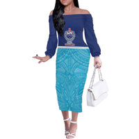 Queensland Samoa Custom Off The Shoulder Long Sleeve Dress Blue Pacific Polynesian Tribal Pattern