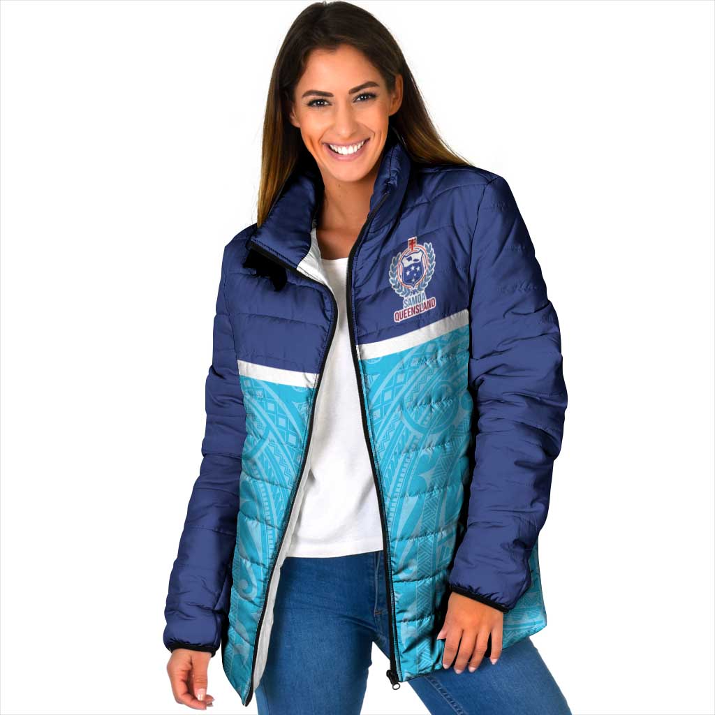 Queensland Samoa Custom Padded Jacket Blue Pacific Polynesian Tribal Pattern - Polynesian Pride