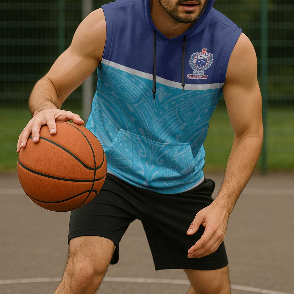 Queensland Samoa Custom Sleeveless Hoodie Blue Pacific Polynesian Tribal Pattern - Polynesian Pride