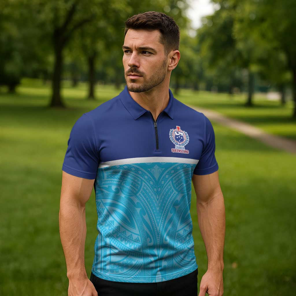 Queensland Samoa Custom Zipper Polo Shirt Blue Pacific Polynesian Tribal Pattern LT9 - Polynesian Pride