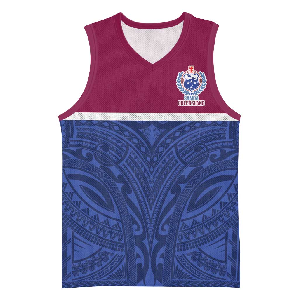 Queensland Samoa Custom Basketball Jersey Maroon-Blue Pacific Polynesian Tribal Pattern - Polynesian Pride