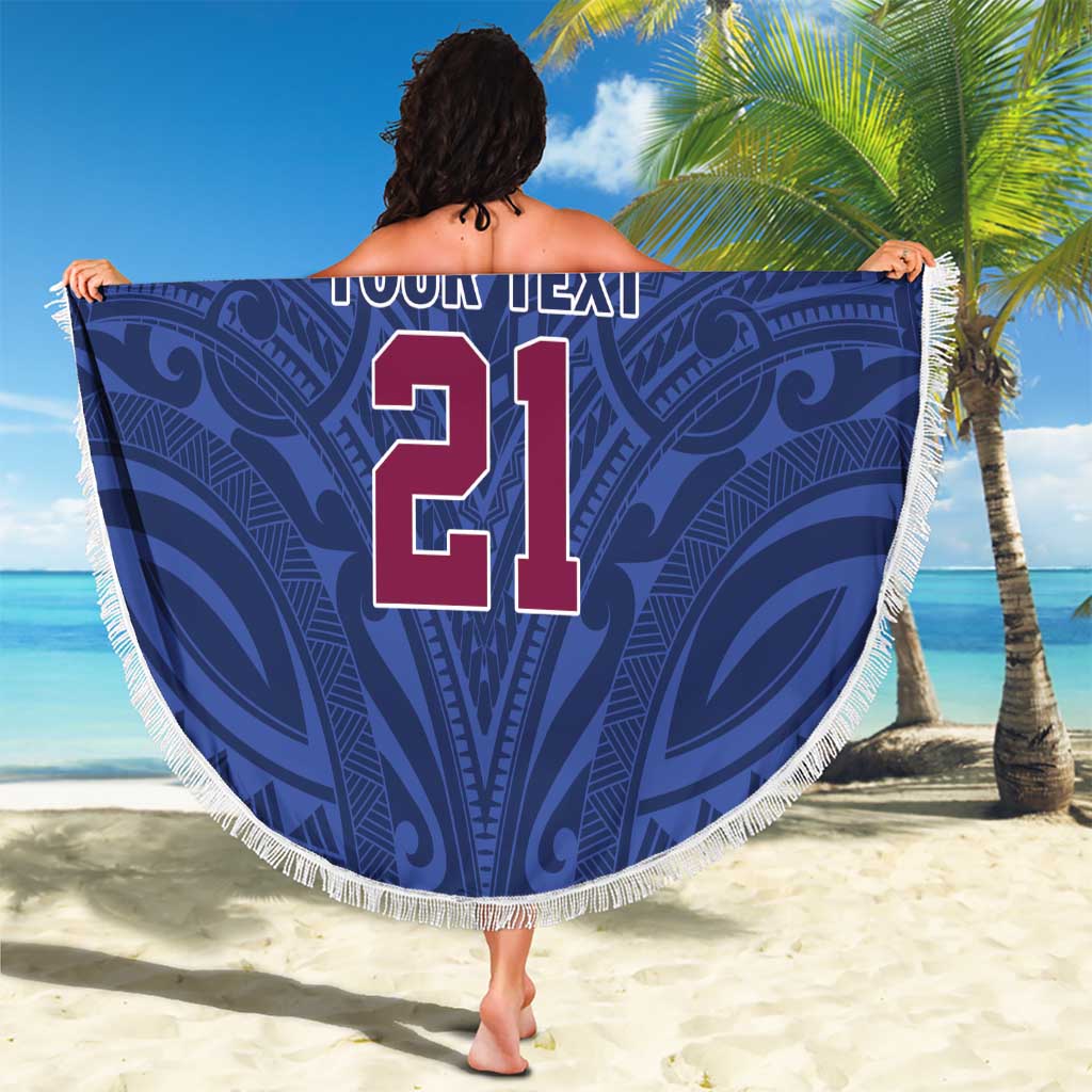 Queensland Samoa Custom Beach Blanket Maroon-Blue Pacific Polynesian Tribal Pattern