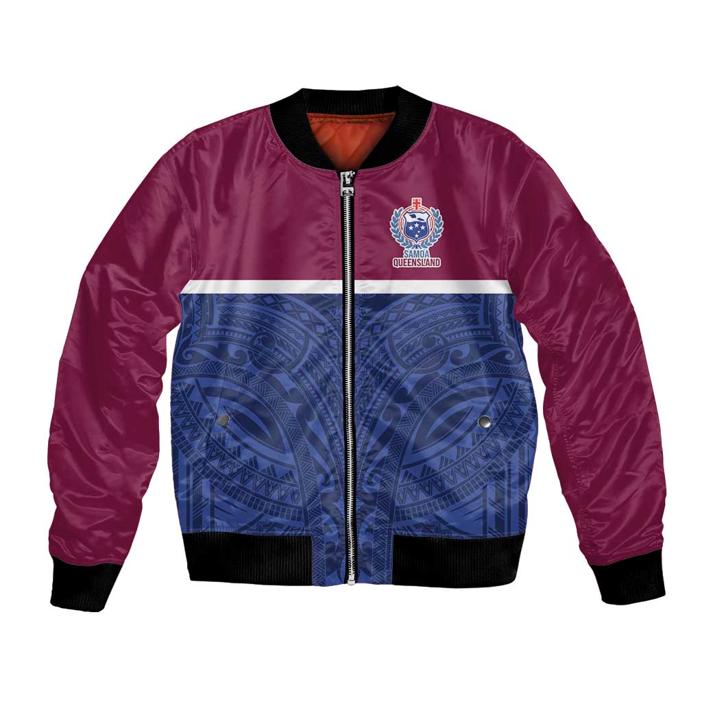 Queensland Samoa Custom Bomber Jacket Maroon-Blue Pacific Polynesian Tribal Pattern