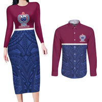 Queensland Samoa Custom Couples Matching Long Sleeve Bodycon Dress and Long Sleeve Button Shirt Maroon-Blue Pacific Polynesian Tribal Pattern