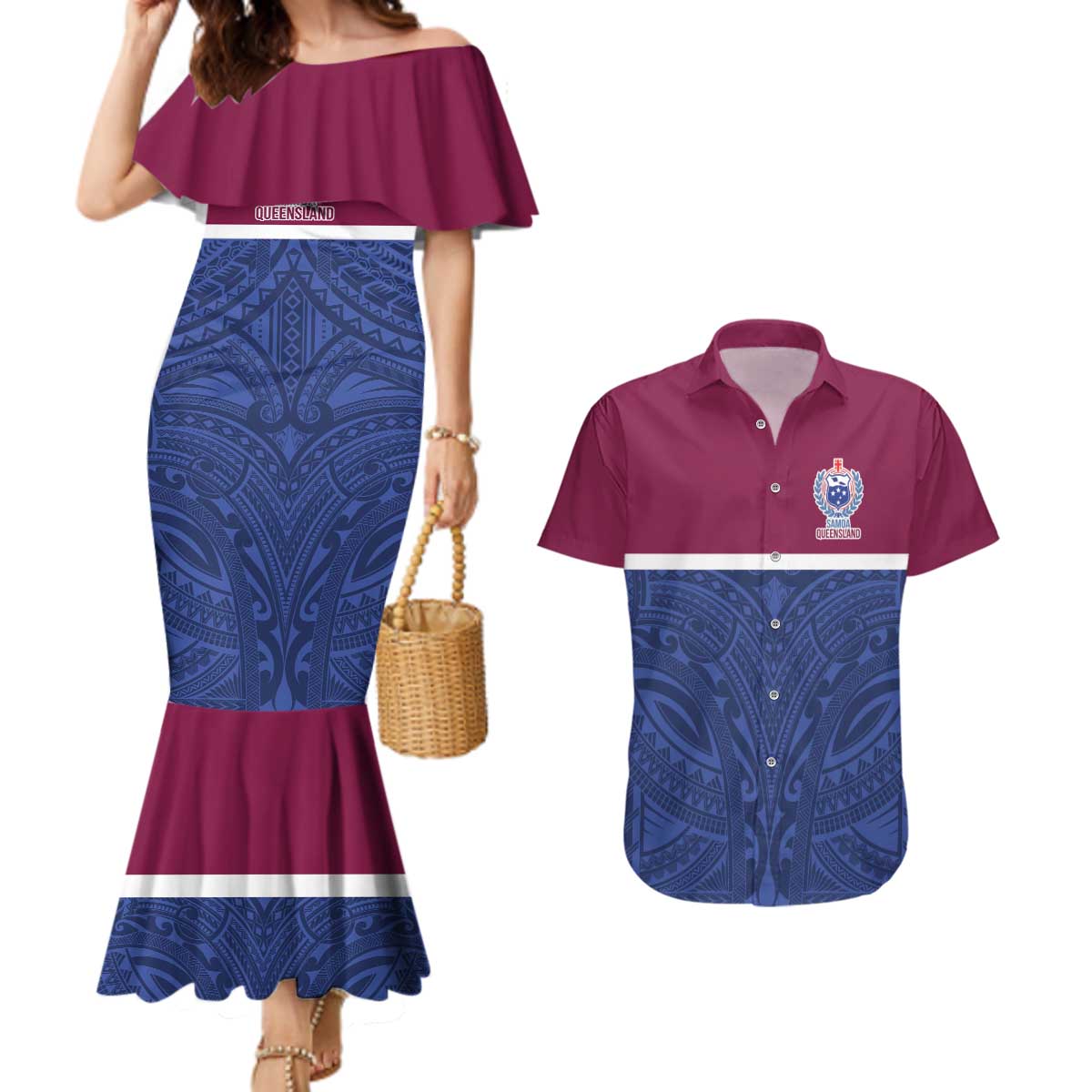 Queensland Samoa Custom Couples Matching Mermaid Dress and Hawaiian Shirt Maroon-Blue Pacific Polynesian Tribal Pattern