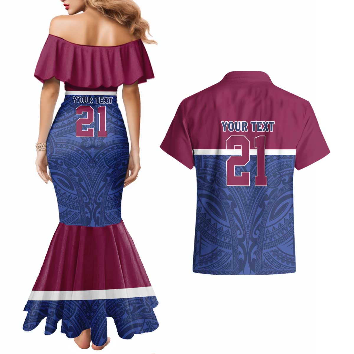Queensland Samoa Custom Couples Matching Mermaid Dress and Hawaiian Shirt Maroon-Blue Pacific Polynesian Tribal Pattern