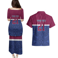 Queensland Samoa Custom Couples Matching Puletasi and Hawaiian Shirt Maroon-Blue Pacific Polynesian Tribal Pattern