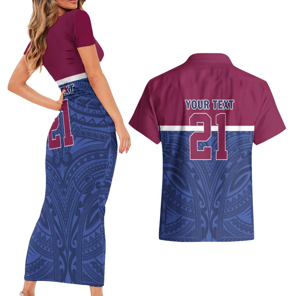 Queensland Samoa Custom Couples Matching Short Sleeve Bodycon Dress and Hawaiian Shirt Maroon-Blue Pacific Polynesian Tribal Pattern
