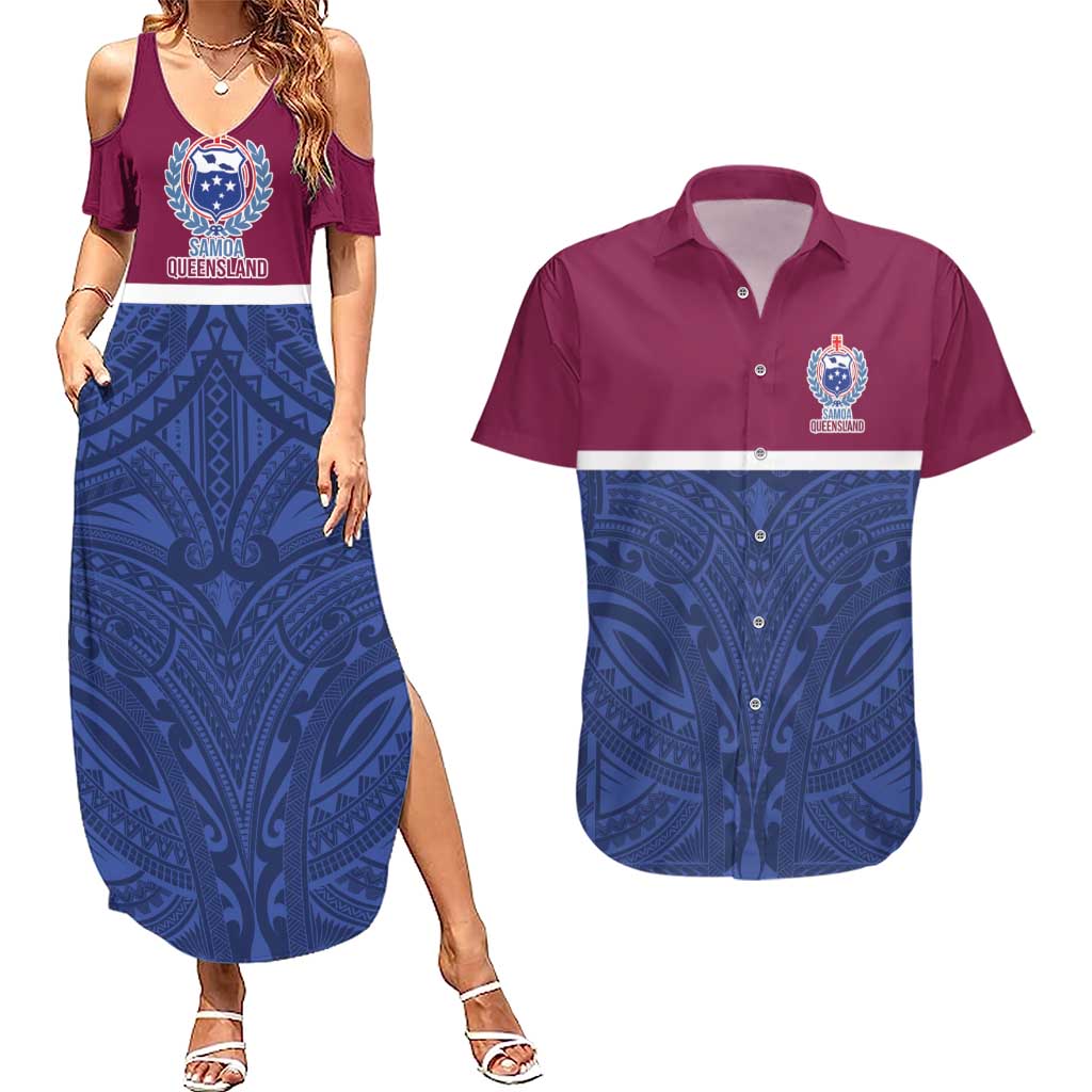 Queensland Samoa Custom Couples Matching Summer Maxi Dress and Hawaiian Shirt Maroon-Blue Pacific Polynesian Tribal Pattern