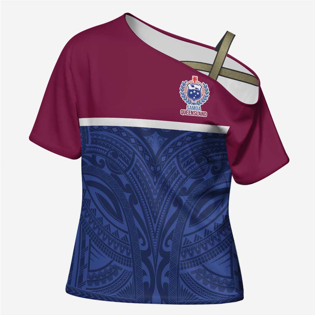 Queensland Samoa Custom Cross Shoulder Shirt Maroon-Blue Pacific Polynesian Tribal Pattern - Polynesian Pride