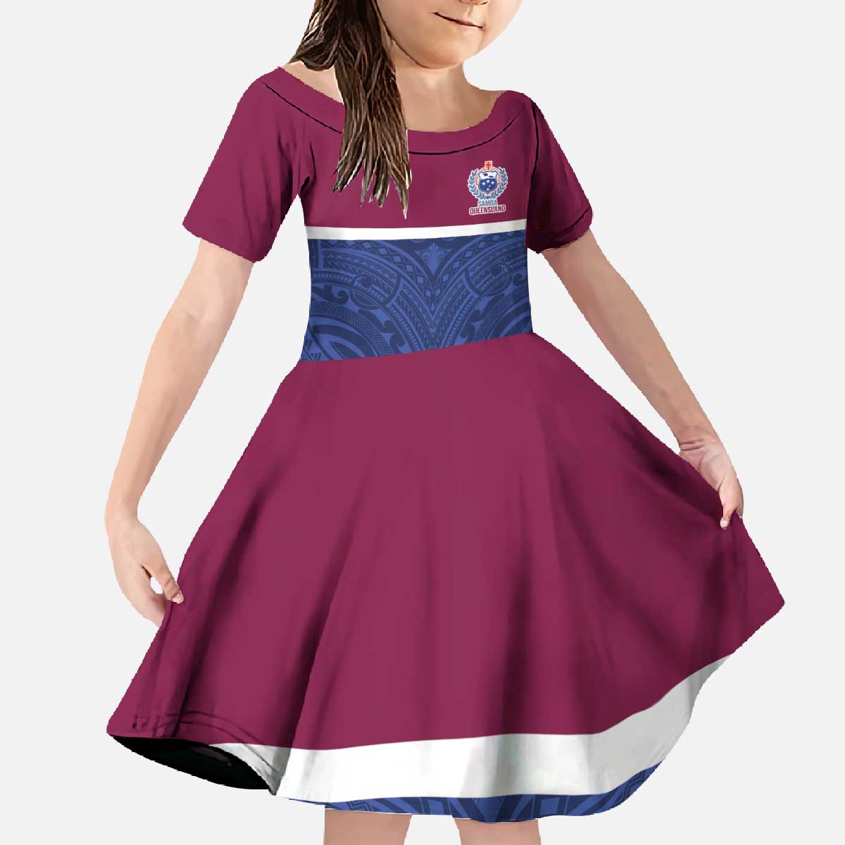 Queensland Samoa Custom Family Matching Off The Shoulder Long Sleeve Dress and Hawaiian Shirt Maroon-Blue Pacific Polynesian Tribal Pattern