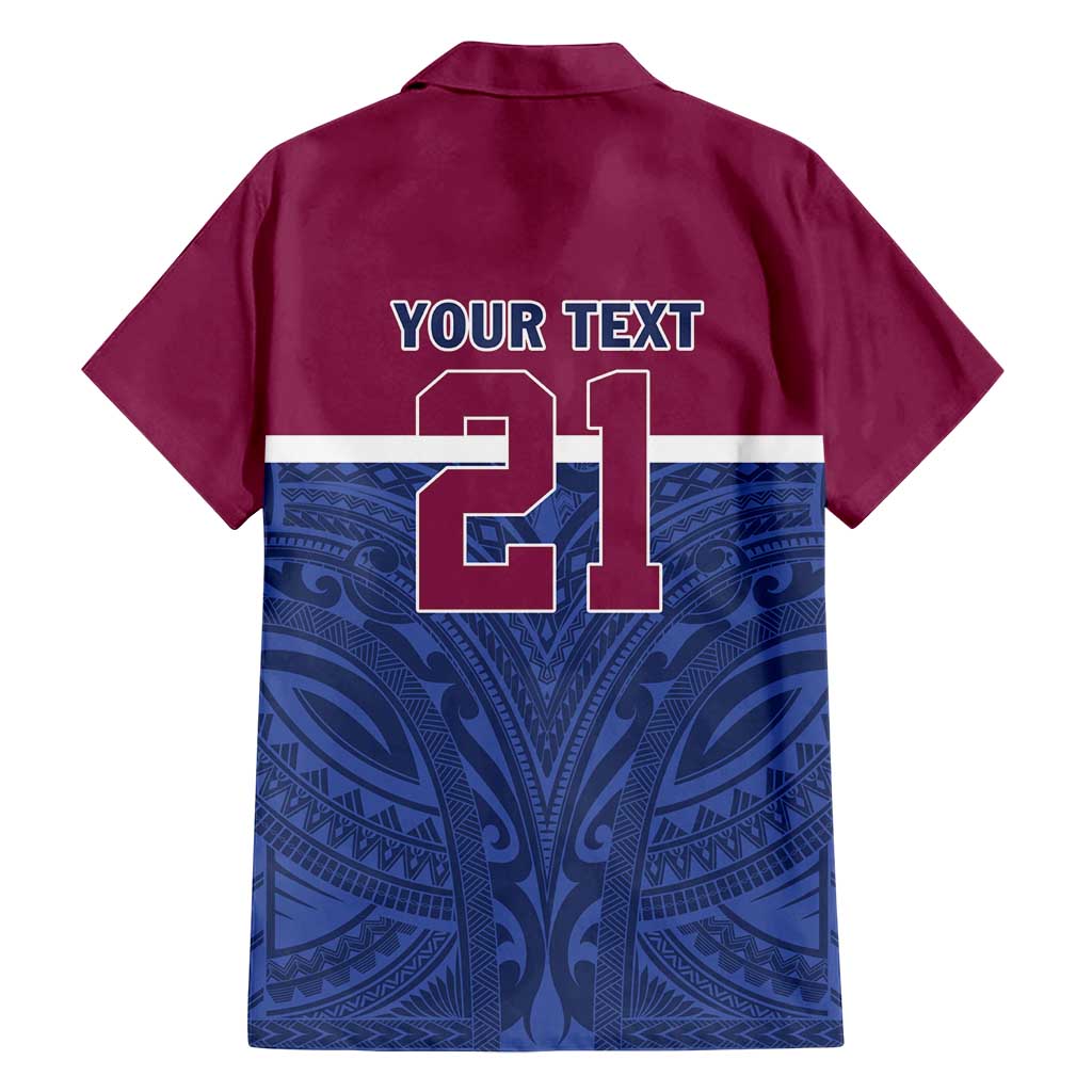 Queensland Samoa Custom Family Matching Off Shoulder Short Dress and Hawaiian Shirt Maroon-Blue Pacific Polynesian Tribal Pattern