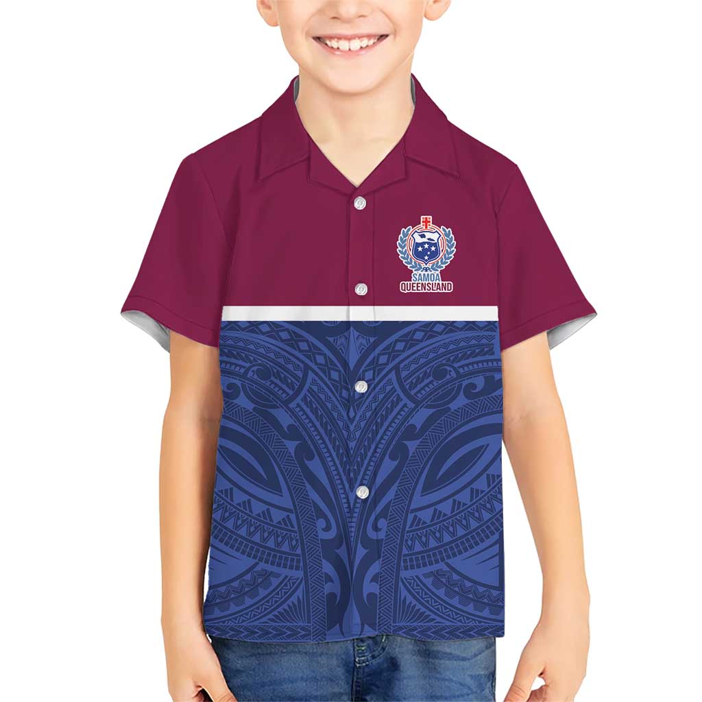 Queensland Samoa Custom Family Matching Short Sleeve Bodycon Dress and Hawaiian Shirt Maroon-Blue Pacific Polynesian Tribal Pattern