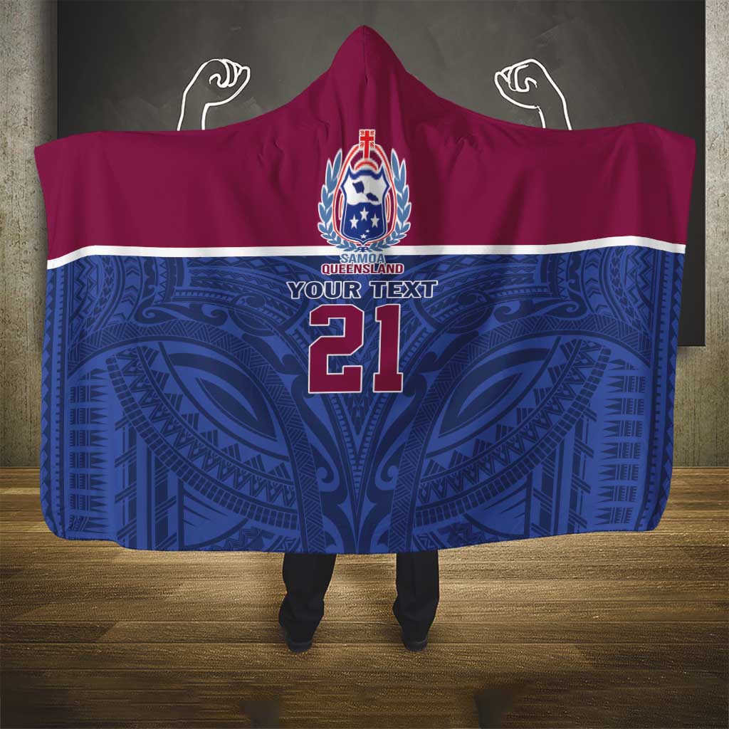 Queensland Samoa Custom Hooded Blanket Maroon-Blue Pacific Polynesian Tribal Pattern