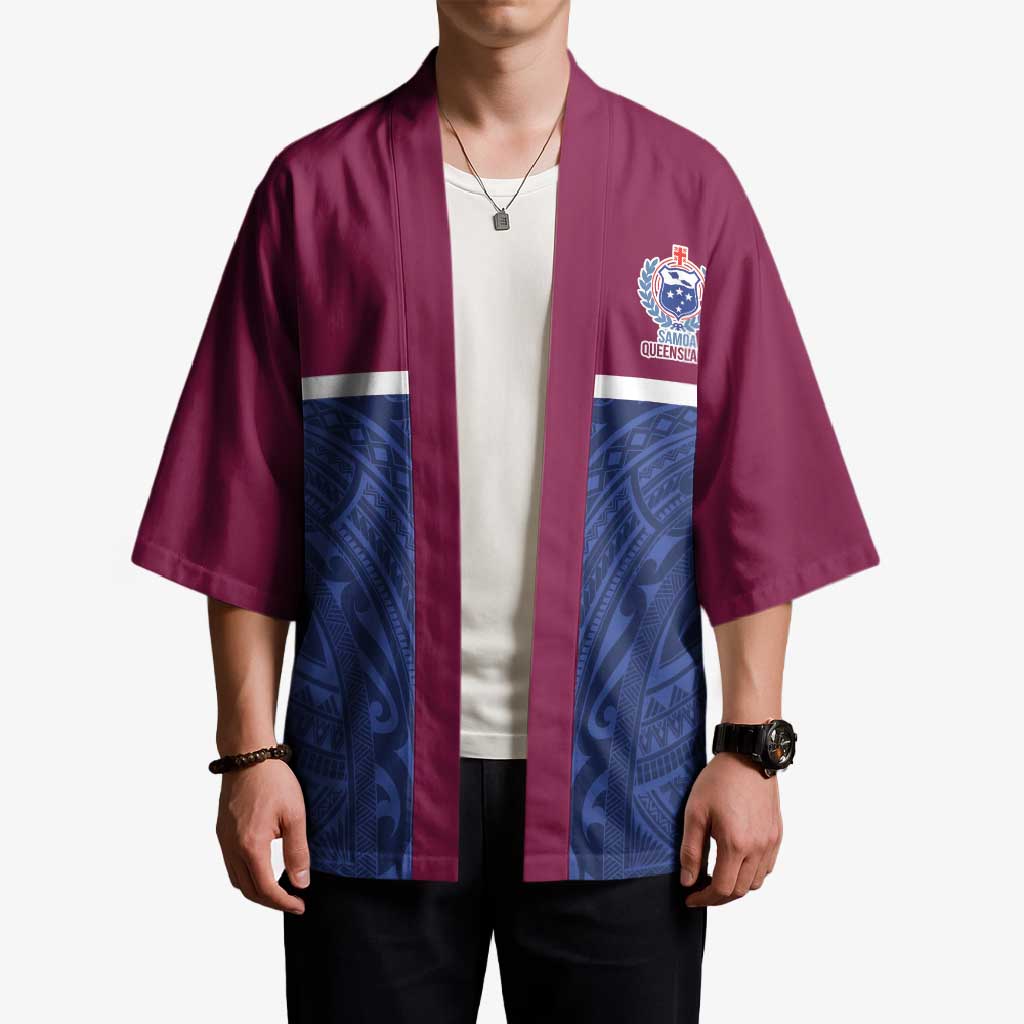 Queensland Samoa Custom Kimono Maroon-Blue Pacific Polynesian Tribal Pattern - Polynesian Pride